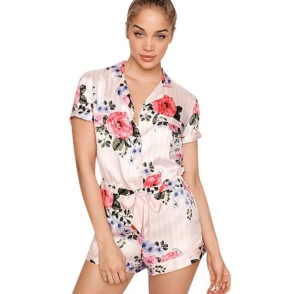 Victoria's Secret Other - Victoria's Secret Pale Pink Striped Floral Silk Feel Romper Pajamas One Piece M